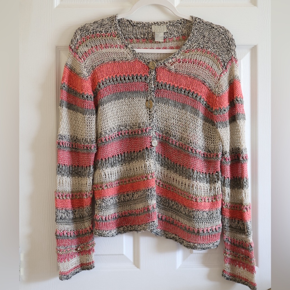 Sigrid Olsen Pink Grey Striped Mixed Knit Cardigan Vintage Bohemian Grandmacore